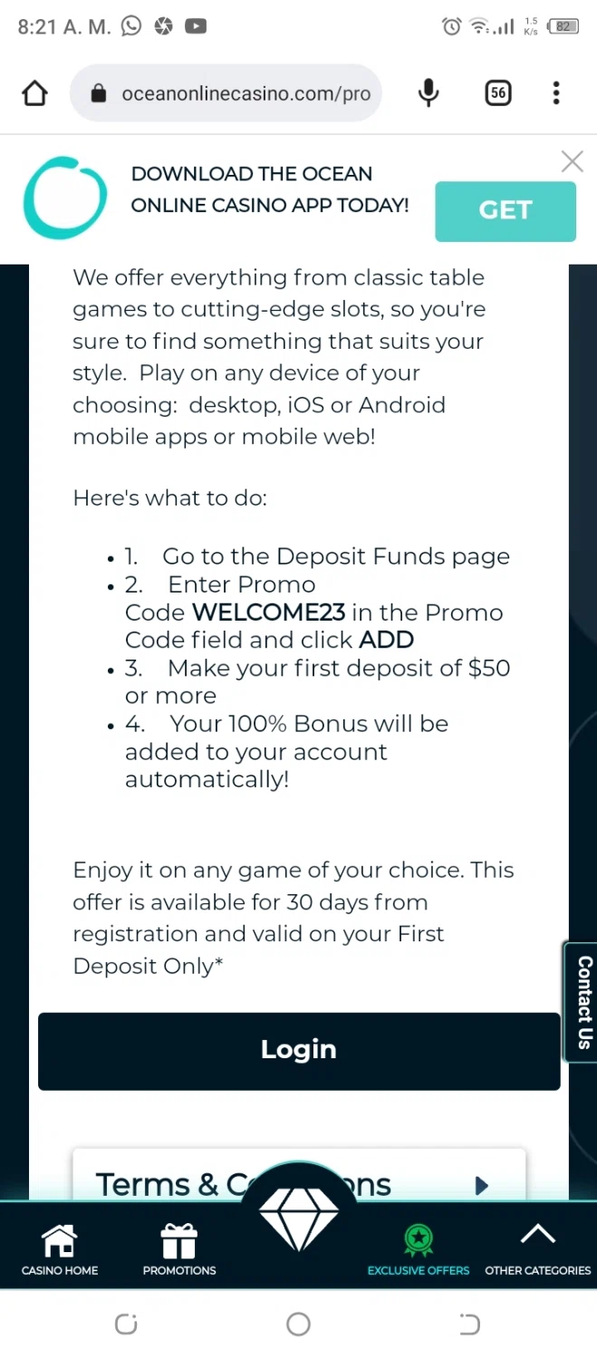 Ocean Online Casino checkout page showing Ocean Online Casino promo code box | Screenshot taken by SimplyCodes community member on Apr 24, 2023