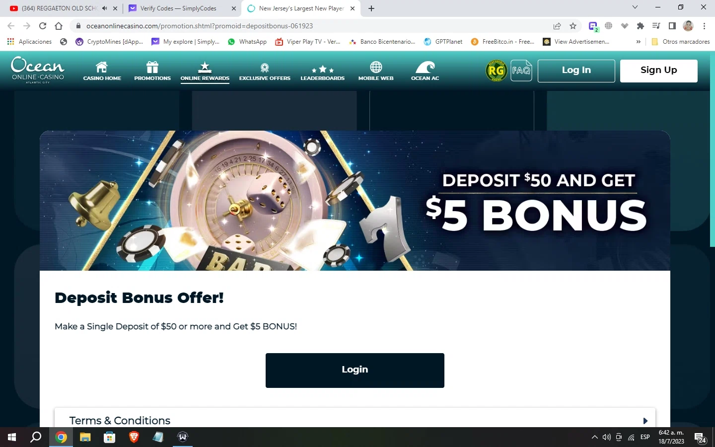 Ocean Online Casino checkout page showing Ocean Online Casino promo code box | Screenshot taken by SimplyCodes community member on Jul 18, 2023