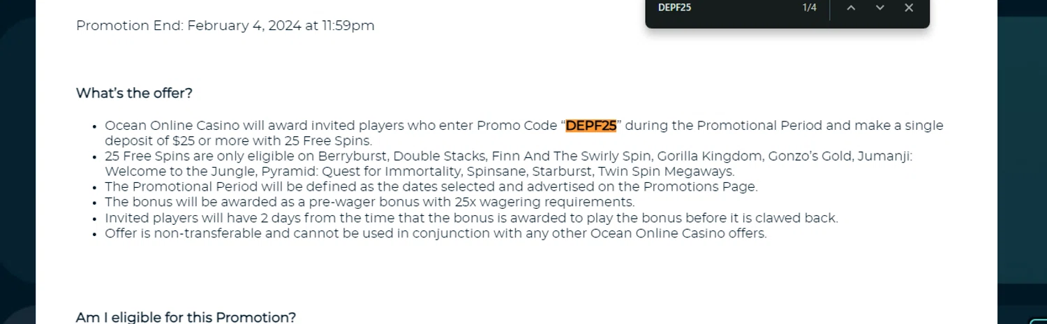 Ocean Online Casino checkout page showing Ocean Online Casino promo code box | Screenshot taken by SimplyCodes community member on Mar 5, 2024