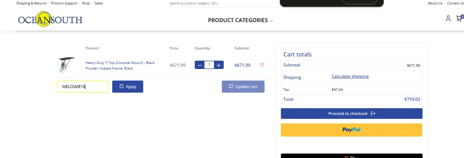 Oceansouth coupon code screenshot showing code WELCOME10 applied at Oceansouth checkout page. Uploaded by SimplyCodes community member CouponLion324 on Jun 26, 2025