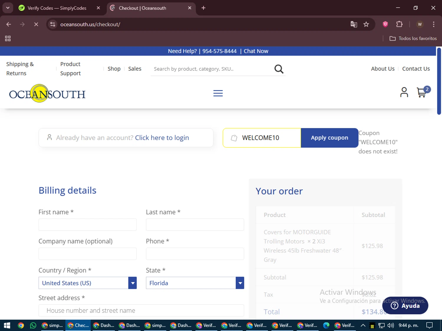 Oceansouth coupon code screenshot showing code WELCOME10 applied at Oceansouth checkout page. Uploaded by SimplyCodes community member DealMaestro2101 on Jun 26, 2025