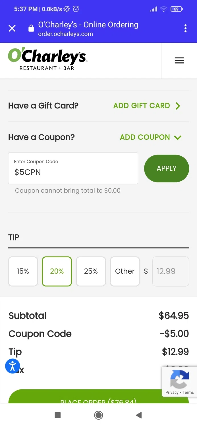 where to use O'Charley's promo code box