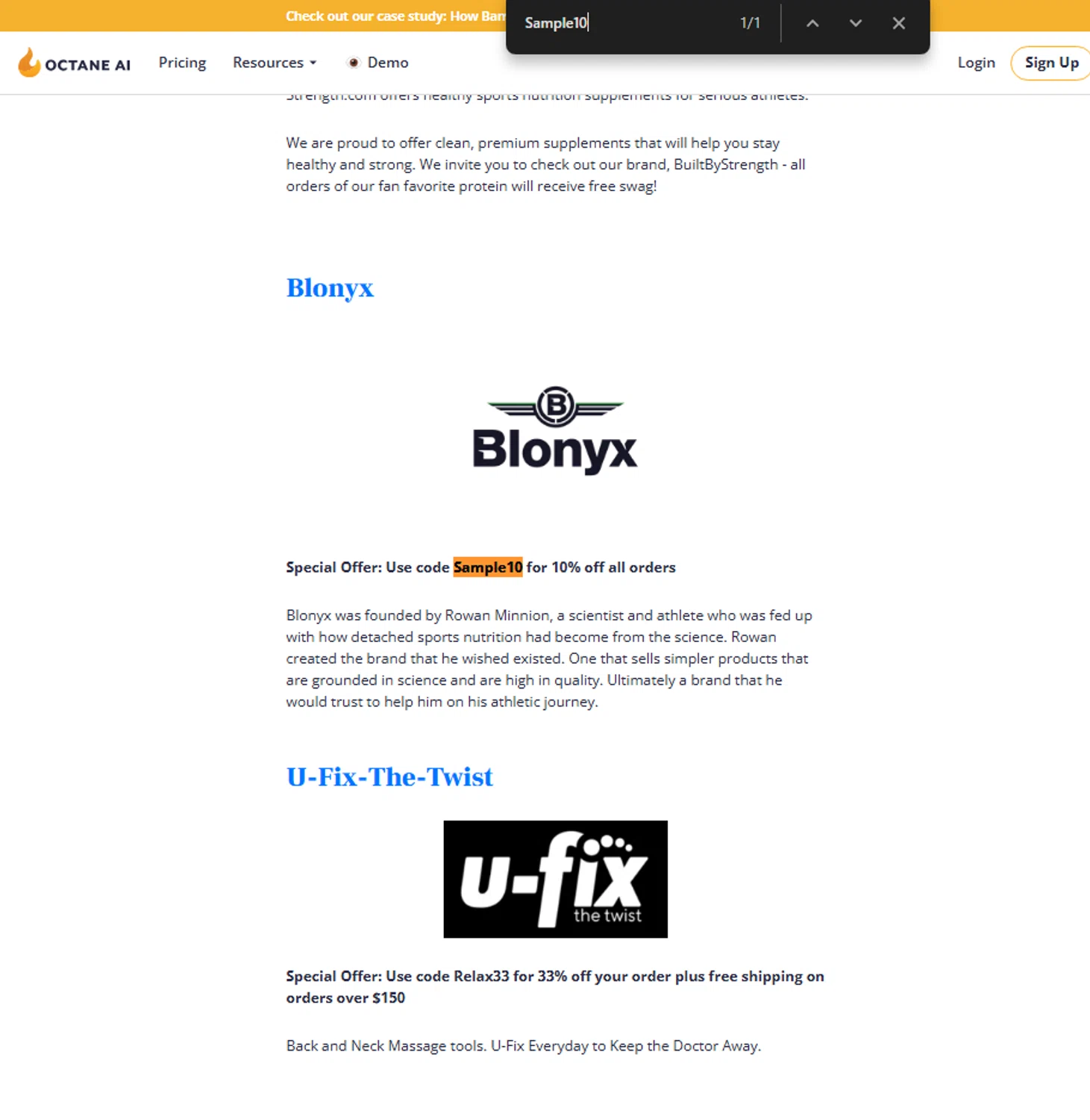 Octane AI promo code screenshot showing code Sample10 applied at Octane AI checkout page. Uploaded by SimplyCodes community member ElonMusk on Apr 14, 2025