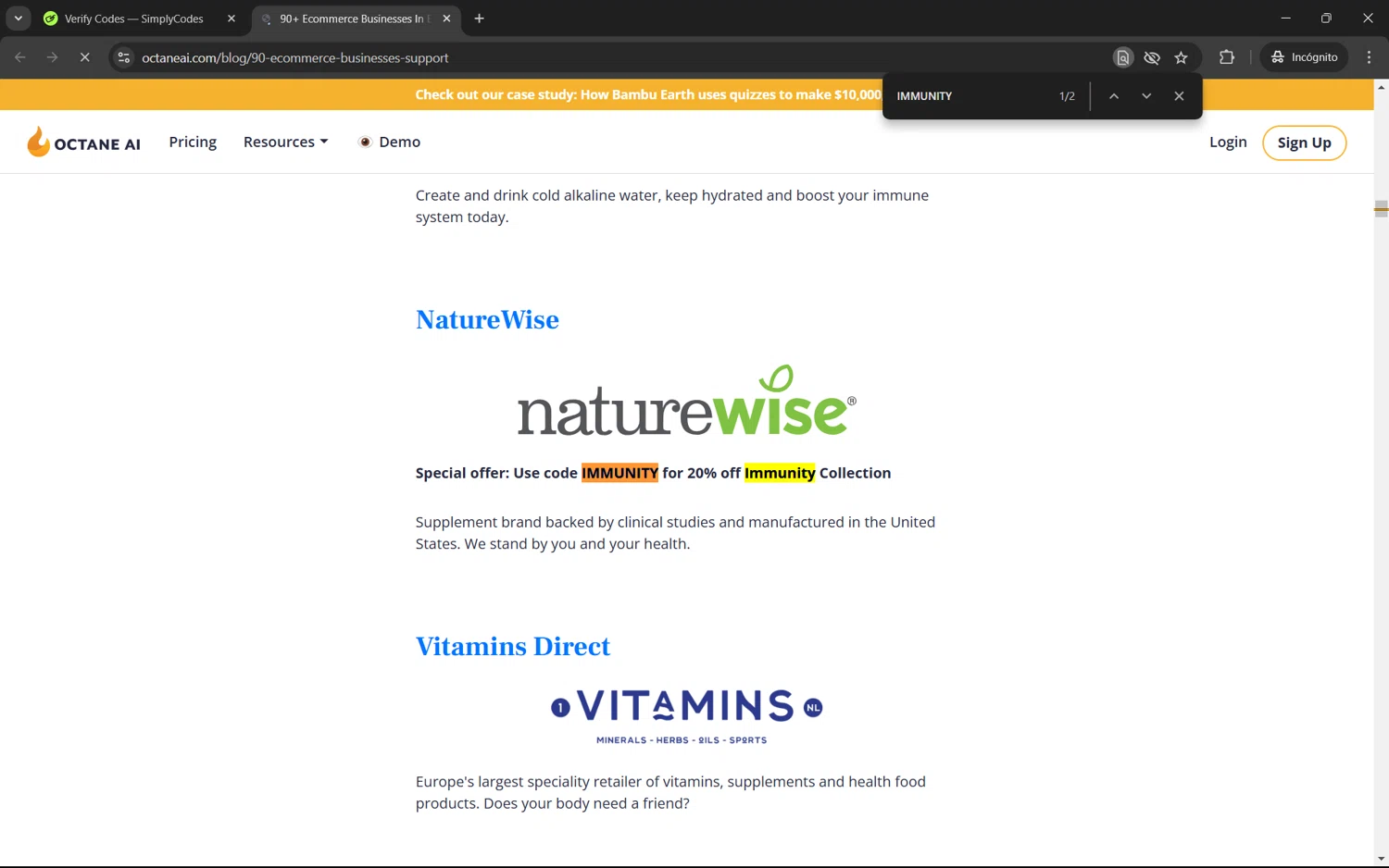 Octane AI promo code screenshot showing code IMMUNITY applied at Octane AI checkout page. Uploaded by SimplyCodes community member juan1702 on Jan 26, 2025