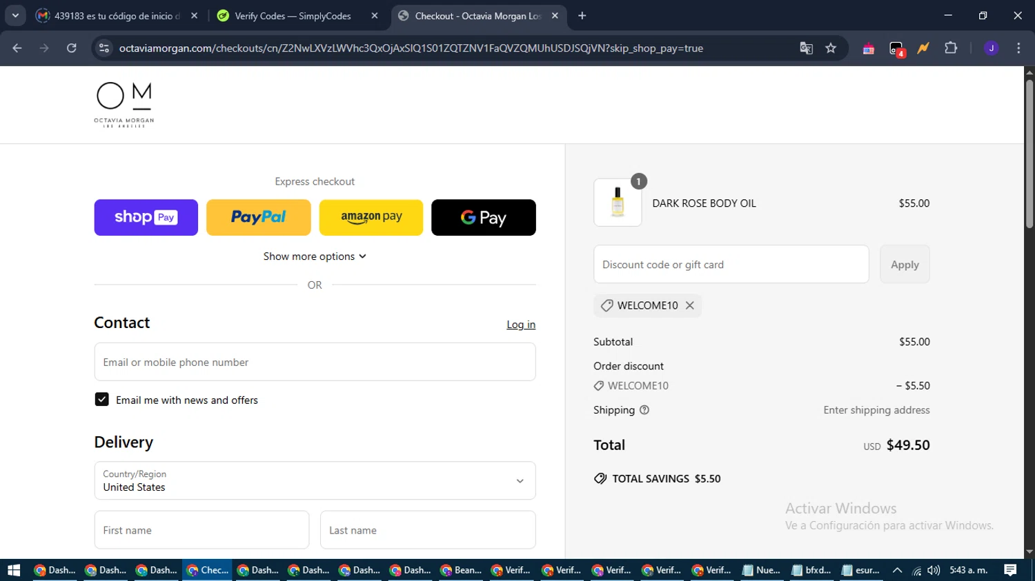 Octavia Morgan promo code screenshot showing code WELCOME10 applied at Octavia Morgan checkout page. Uploaded by SimplyCodes community member LegendaryLegend9872 on May 1, 2025