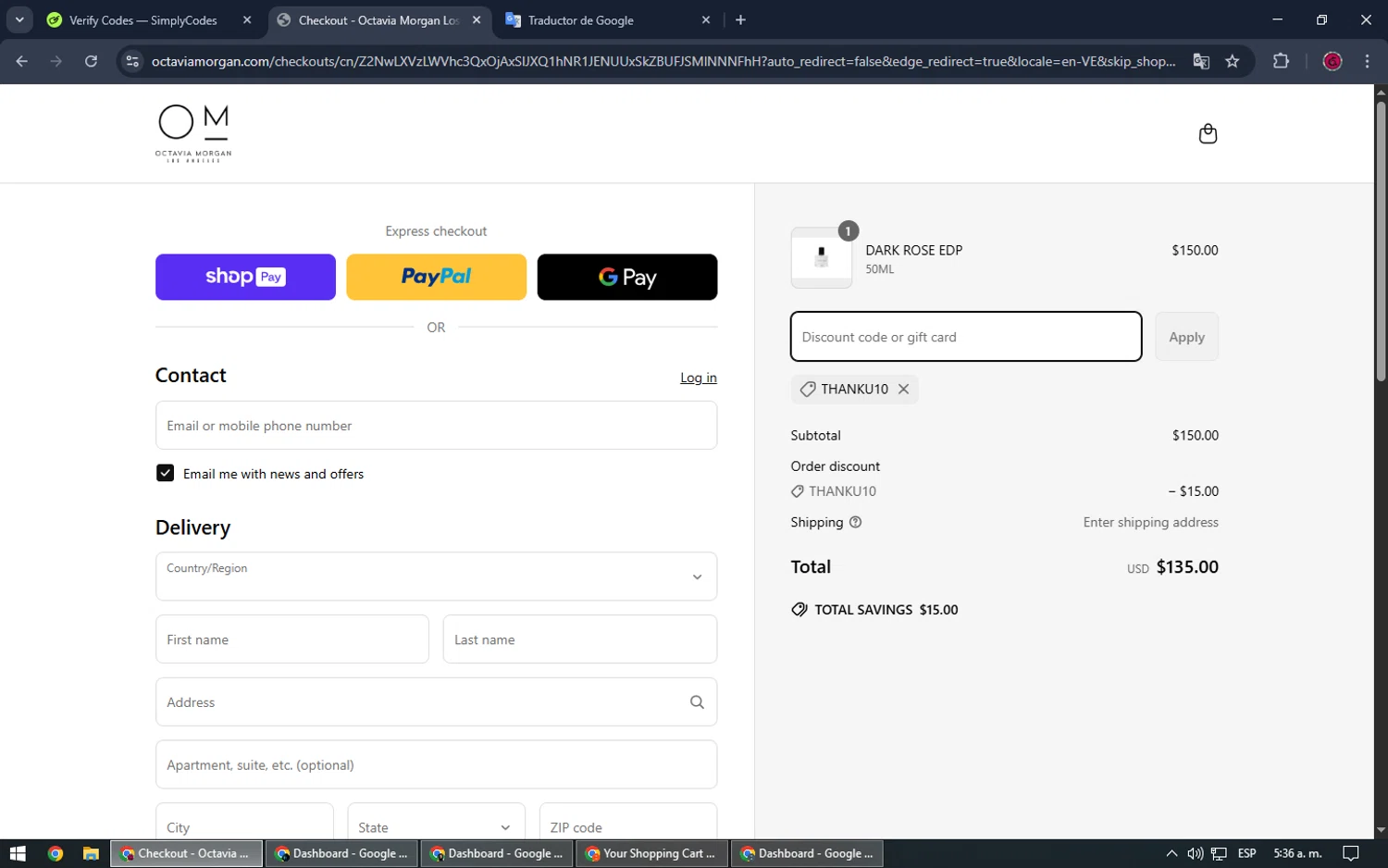 Octavia Morgan promo code screenshot showing code THANKU10 applied at Octavia Morgan checkout page. Uploaded by SimplyCodes community member SrSolomon on Apr 15, 2025