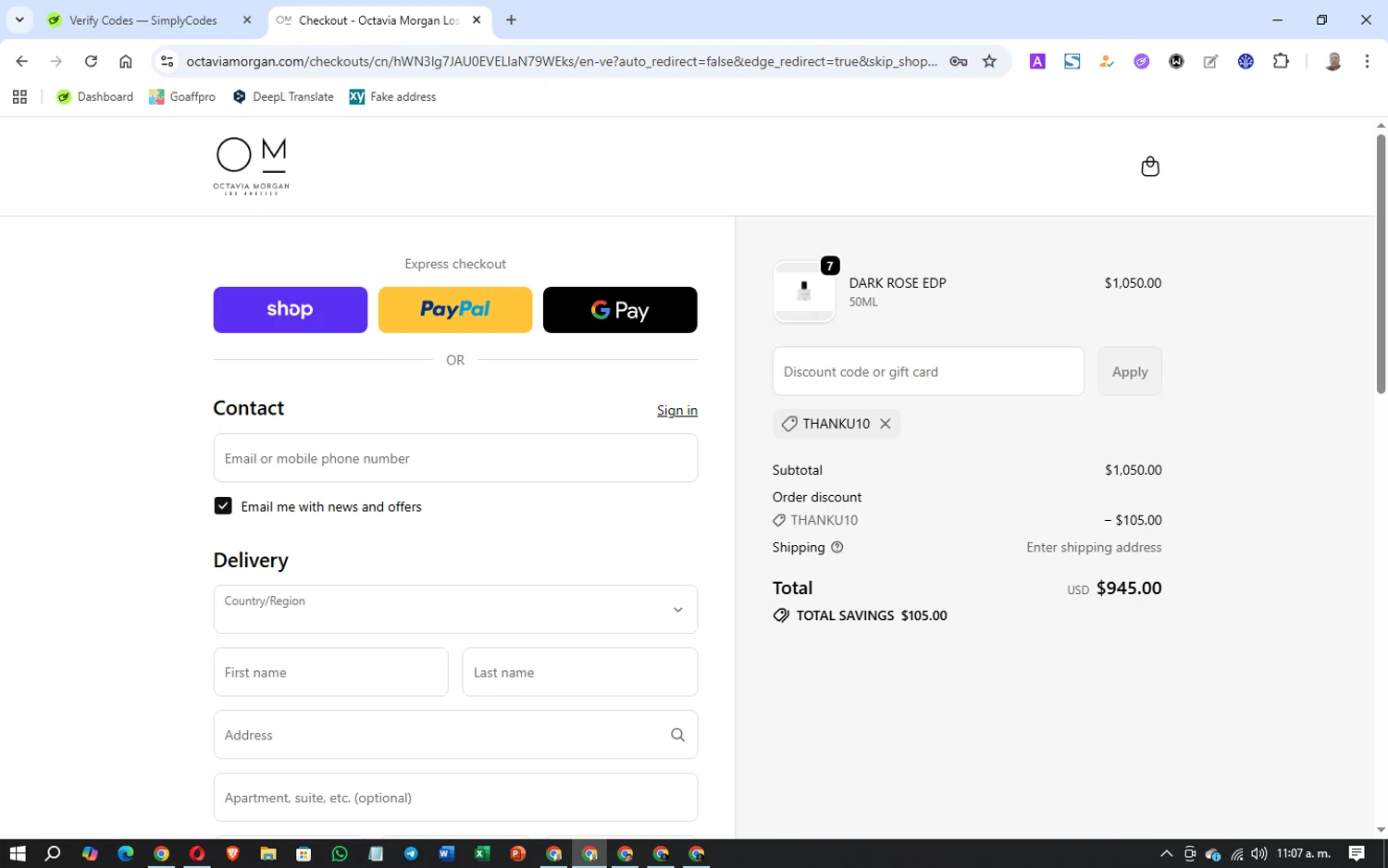 Octavia Morgan promo code screenshot showing code THANKU10 applied at Octavia Morgan checkout page. Uploaded by SimplyCodes community member Washington on Oct 5, 2025