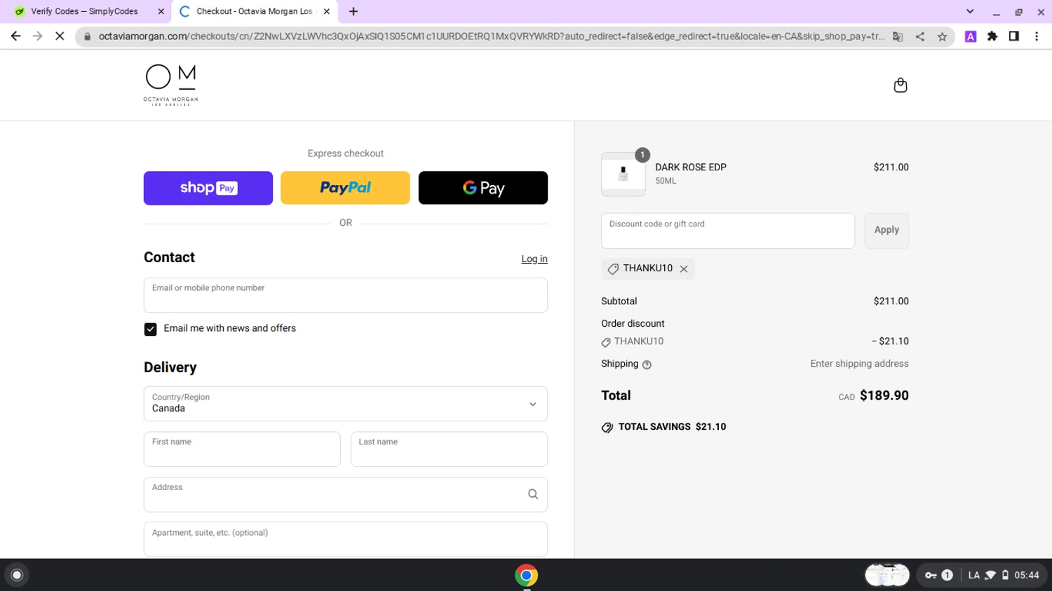 Octavia Morgan promo code screenshot showing code THANKU10 applied at Octavia Morgan checkout page. Uploaded by SimplyCodes community member lapampita on May 1, 2025