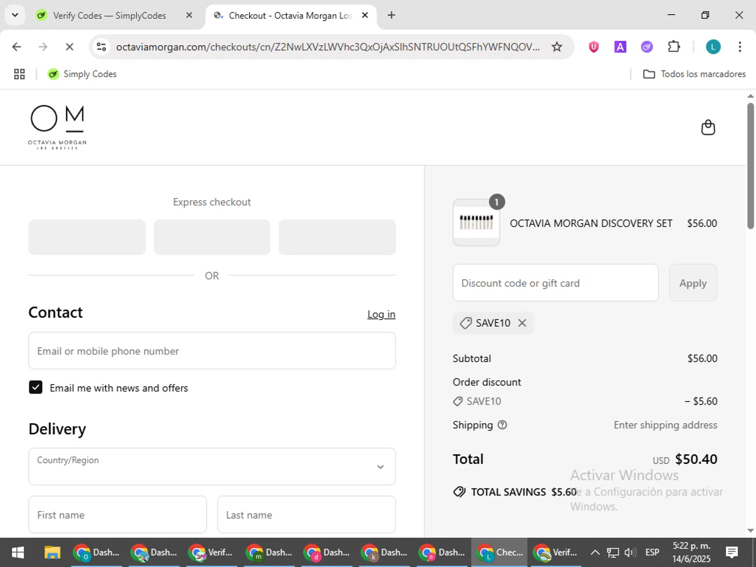 Octavia Morgan promo code screenshot showing code SAVE10 applied at Octavia Morgan checkout page. Uploaded by SimplyCodes community member LuckyLegend792 on Jun 14, 2025