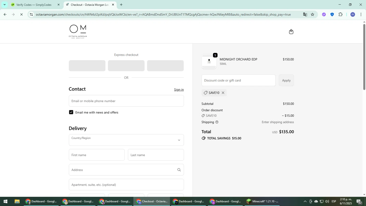 Octavia Morgan promo code screenshot showing code SAVE10 applied at Octavia Morgan checkout page. Uploaded by SimplyCodes community member QuestDefender2661 on Nov 6, 2025