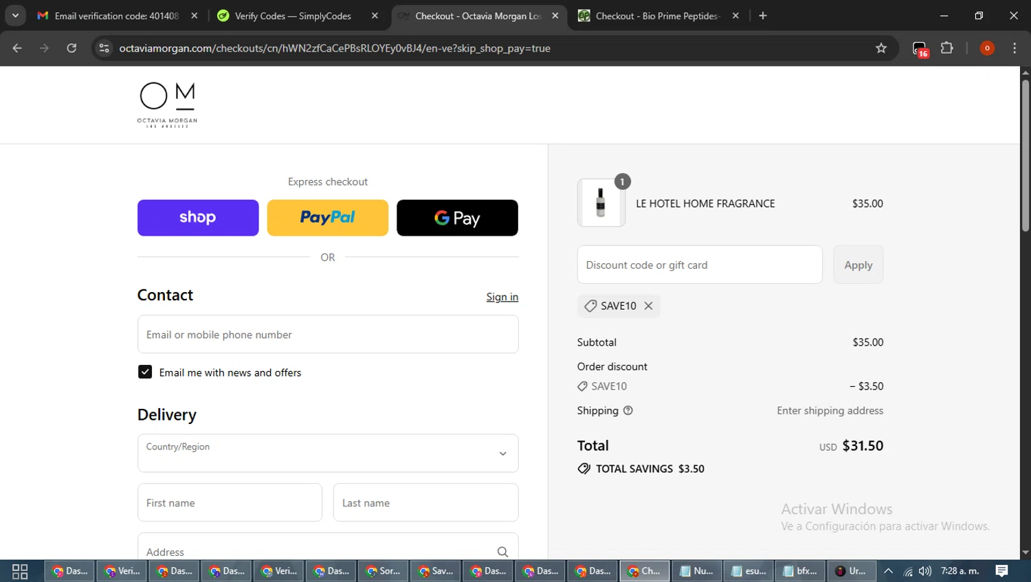 Octavia Morgan promo code screenshot showing code SAVE10 applied at Octavia Morgan checkout page. Uploaded by SimplyCodes community member WiseTracker2171 on Sep 15, 2025