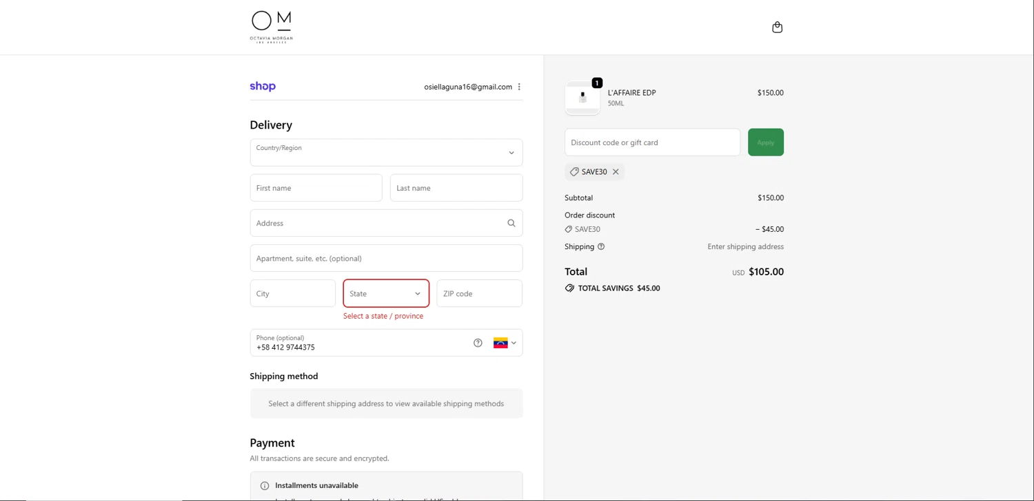 Octavia Morgan promo code screenshot showing code SAVE30 applied at Octavia Morgan checkout page. Uploaded by SimplyCodes community member Elosox1 on Sep 23, 2025