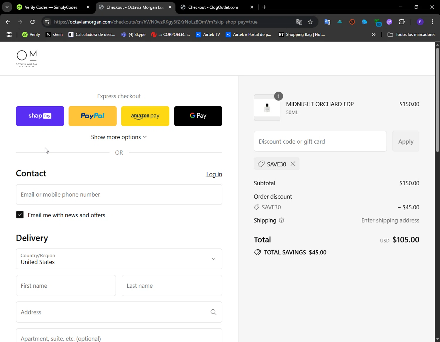 Octavia Morgan promo code screenshot showing code SAVE30 applied at Octavia Morgan checkout page. Uploaded by SimplyCodes community member LuckyFinder274 on Jul 23, 2025