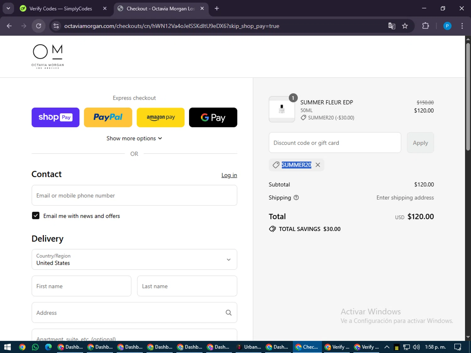 Octavia Morgan promo code screenshot showing code summer20 applied at Octavia Morgan checkout page. Uploaded by SimplyCodes community member juiceWRLD on Jul 25, 2025
