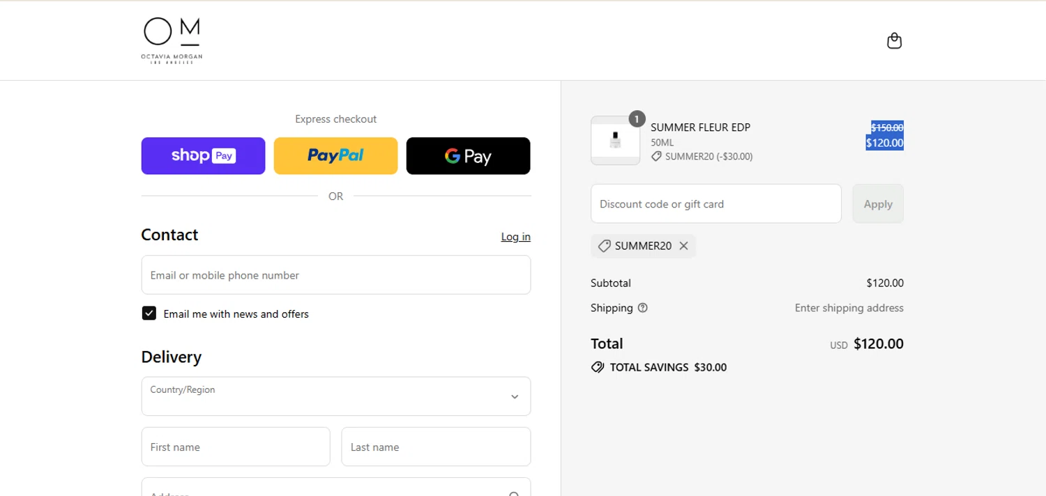Octavia Morgan promo code screenshot showing code summer20 applied at Octavia Morgan checkout page. Uploaded by SimplyCodes community member VoucherOwl4844 on Jul 25, 2025
