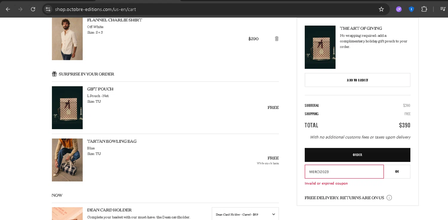 Octobre Editions coupon code screenshot showing code MERCI2025 applied at Octobre Editions checkout page. Uploaded by SimplyCodes community member BonusPro7395 on Nov 30, 2025