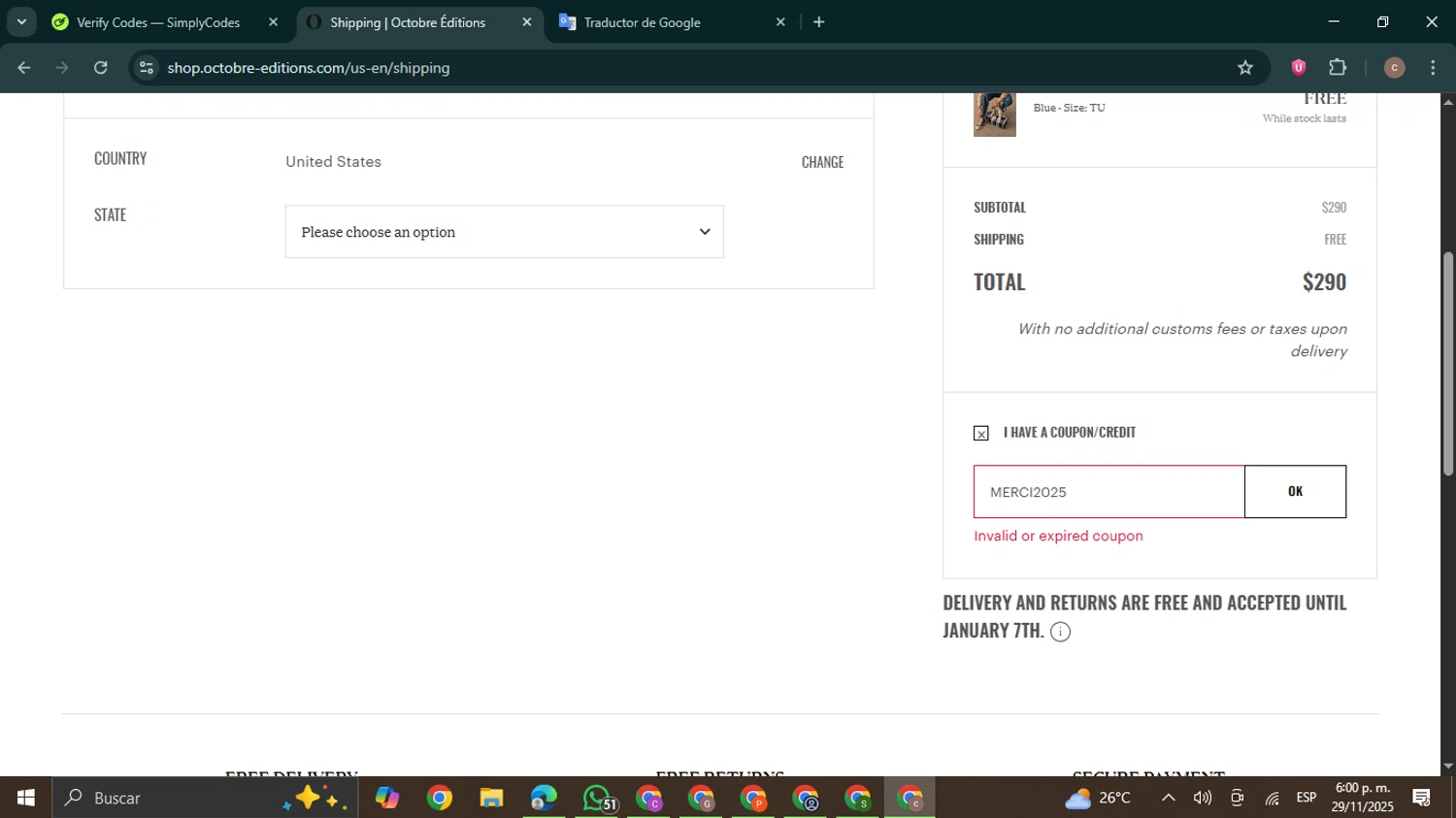 Octobre Editions coupon code screenshot showing code MERCI2025 applied at Octobre Editions checkout page. Uploaded by SimplyCodes community member NobleExpert6497 on Nov 29, 2025