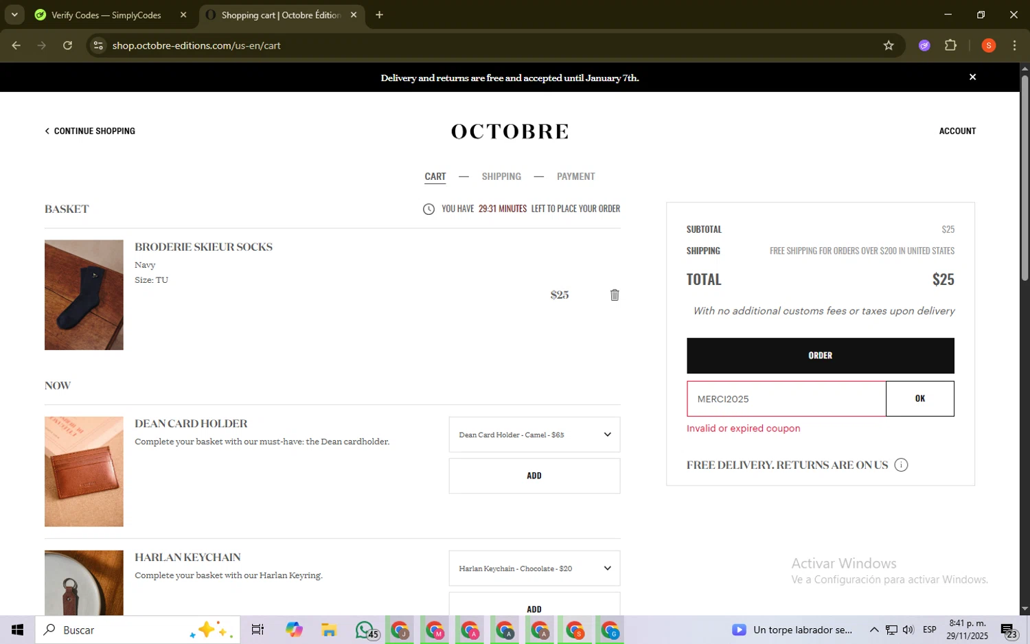 Octobre Editions coupon code screenshot showing code MERCI2025 applied at Octobre Editions checkout page. Uploaded by SimplyCodes community member ScanKnight8857 on Nov 30, 2025