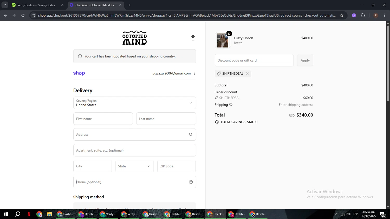 Octopied Mind checkout page showing Octopied Mind coupon code box | Screenshot taken by SimplyCodes community member on Dec 17, 2025