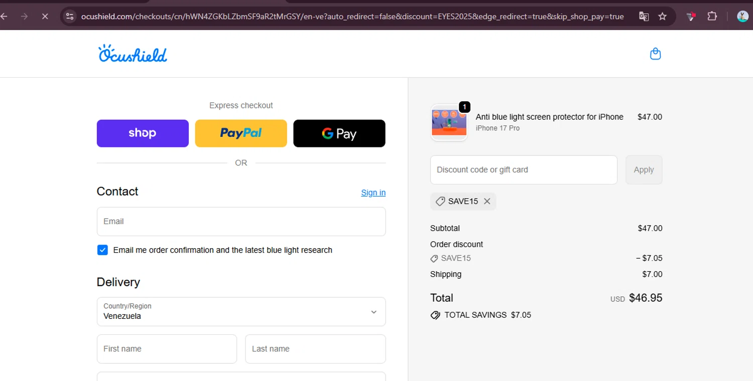 Ocushield discount code screenshot showing code SAVE15 applied at Ocushield checkout page. Uploaded by SimplyCodes community member elgatobravo on Oct 26, 2025