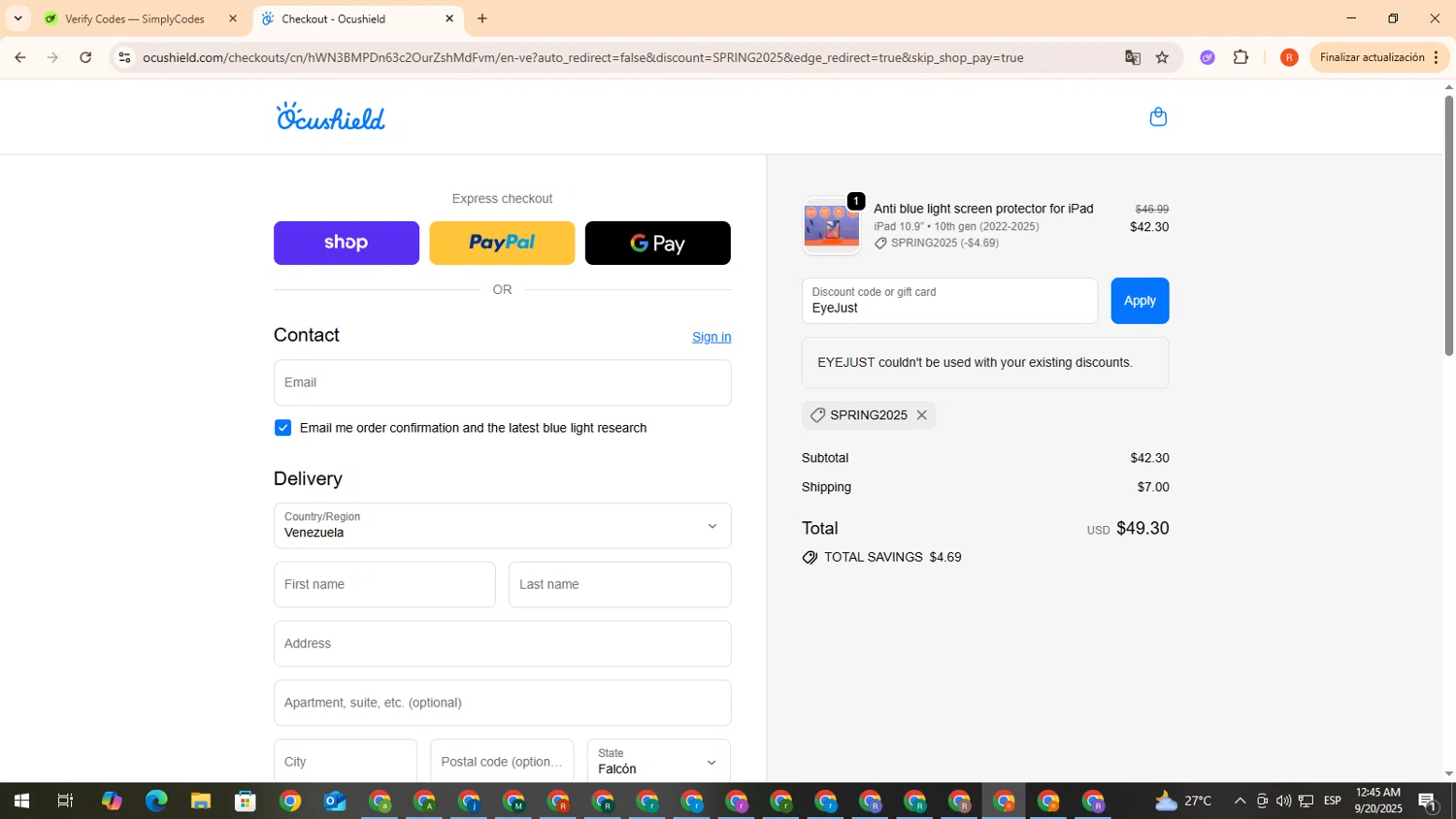 Ocushield discount code screenshot showing code EyeJust applied at Ocushield checkout page. Uploaded by SimplyCodes community member DealVirtuoso2241 on Sep 20, 2025
