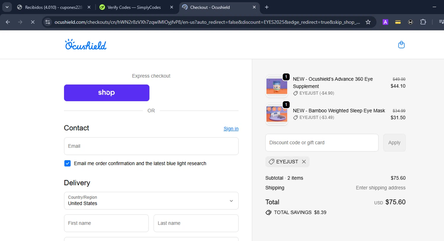 Ocushield discount code screenshot showing code EyeJust applied at Ocushield checkout page. Uploaded by SimplyCodes community member Eduard on Oct 2, 2025