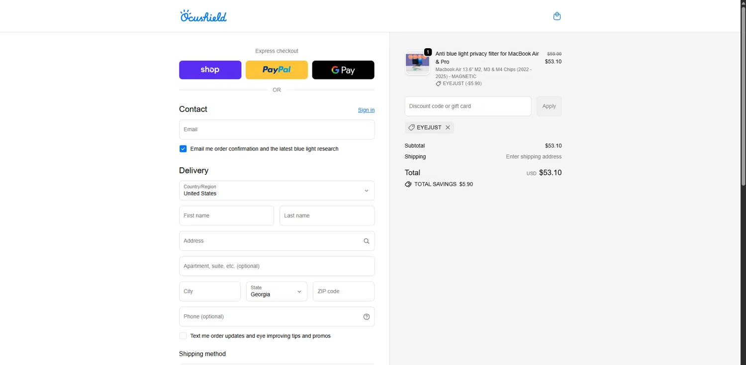 Ocushield discount code screenshot showing code EyeJust applied at Ocushield checkout page. Uploaded by SimplyCodes community member FortunateDefender7285 on Oct 10, 2025
