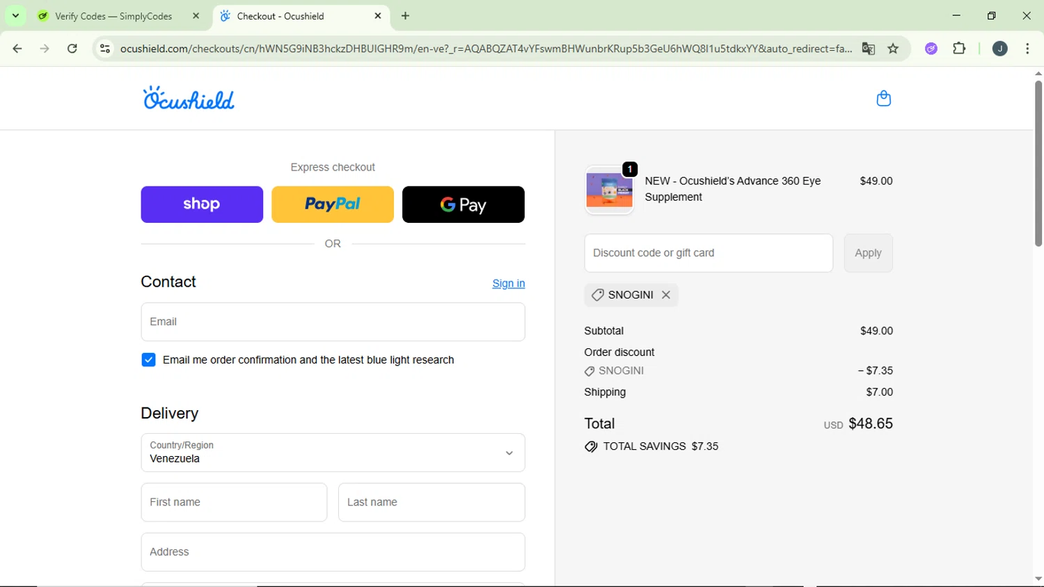 Ocushield discount code screenshot showing code Snogini applied at Ocushield checkout page. Uploaded by SimplyCodes community member GloriousCollector9930 on Nov 13, 2025