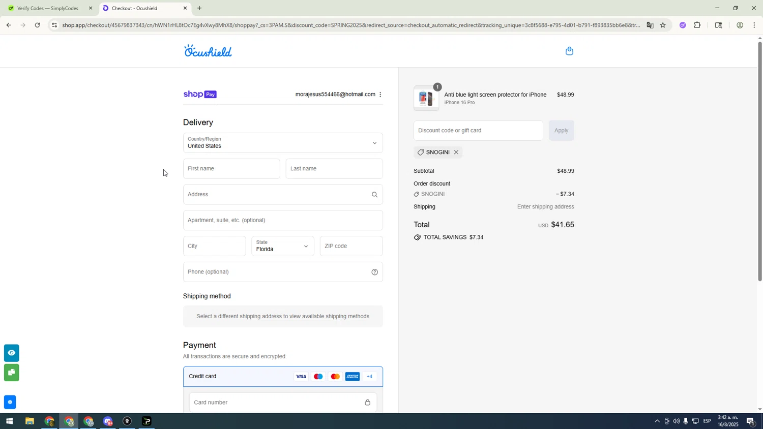 Ocushield discount code screenshot showing code Snogini applied at Ocushield checkout page. Uploaded by SimplyCodes community member sfdfgdsfgdfgdfg on Aug 16, 2025