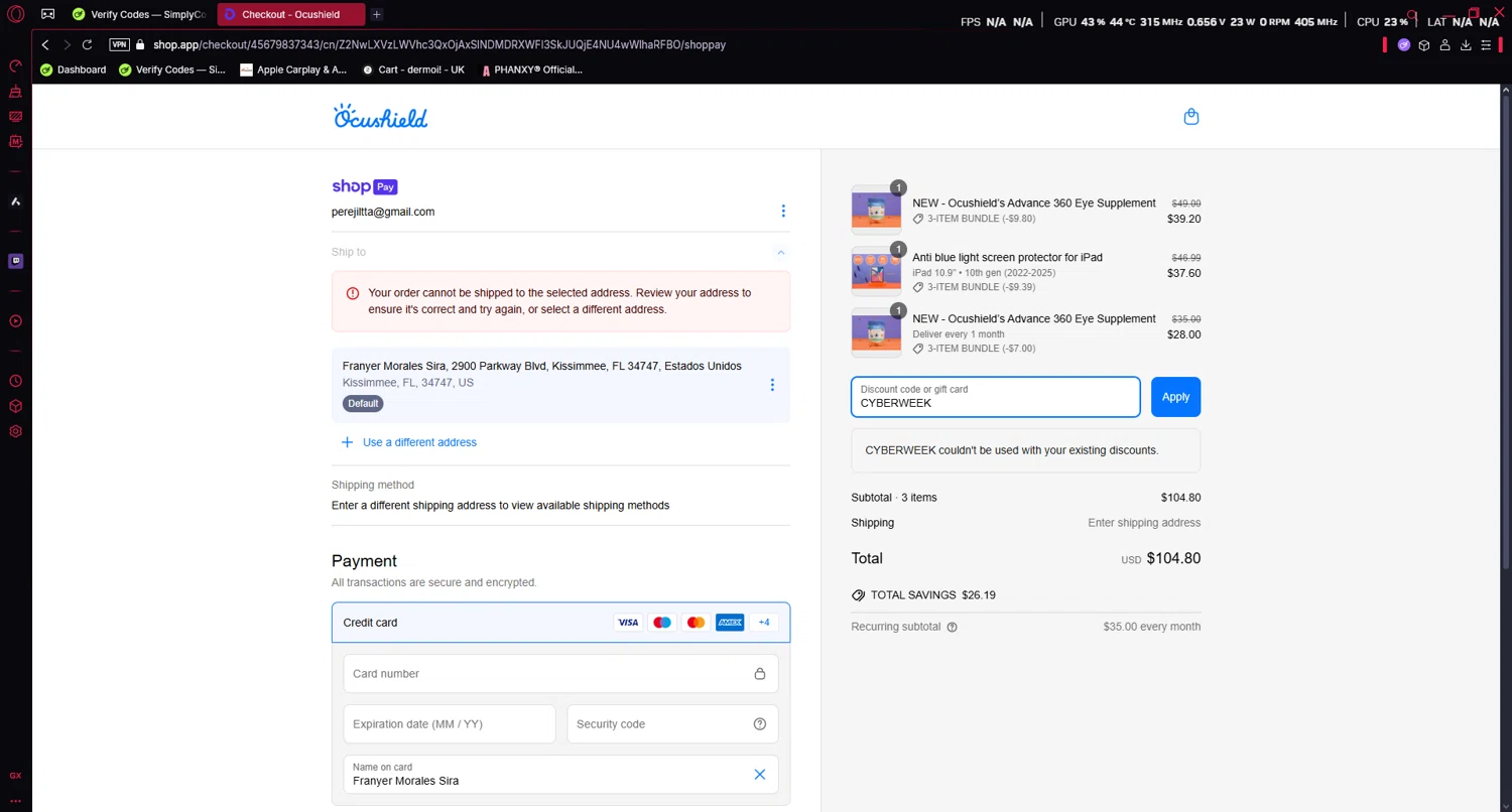 Ocushield discount code screenshot showing code CYBERWEEK applied at Ocushield checkout page. Uploaded by SimplyCodes community member Yezzzcose on Apr 21, 2025