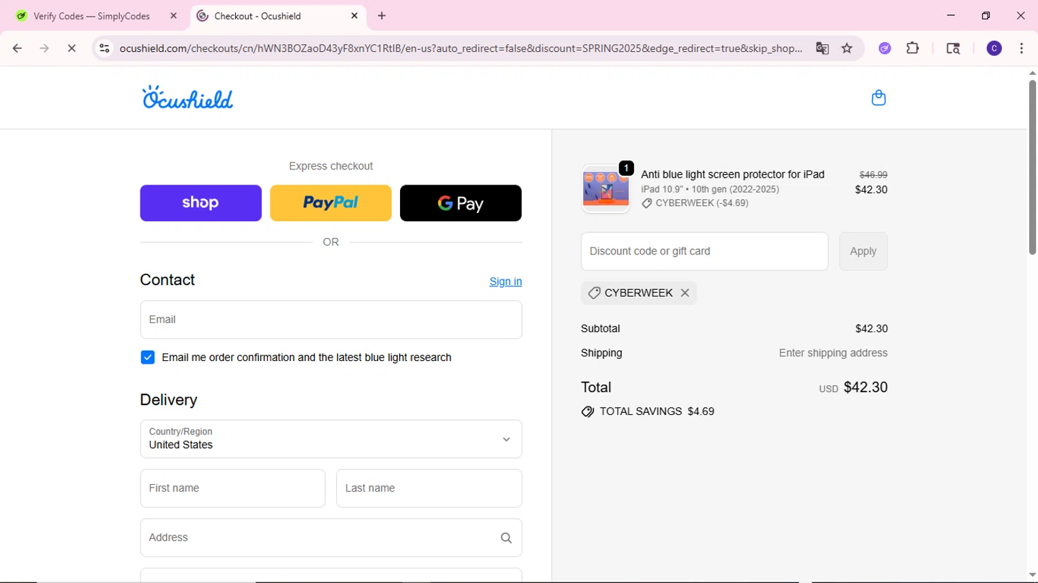 Ocushield discount code screenshot showing code CYBERWEEK applied at Ocushield checkout page. Uploaded by SimplyCodes community member MoneyWizard2699 on Sep 20, 2025