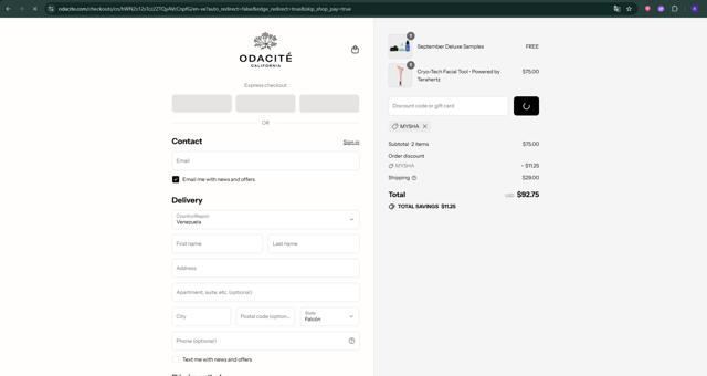 Odacite checkout page showing Odacite promo code box | Screenshot taken by SimplyCodes community member on Sep 11, 2025