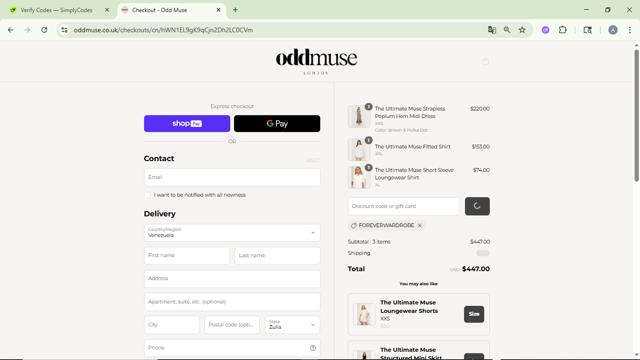 Odd Muse checkout page showing Odd Muse discount code box | Screenshot taken by SimplyCodes community member on Jul 30, 2025
