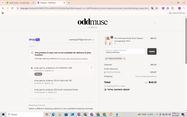 Odd Muse checkout page showing Odd Muse discount code box | Screenshot taken by SimplyCodes community member on Jul 30, 2025