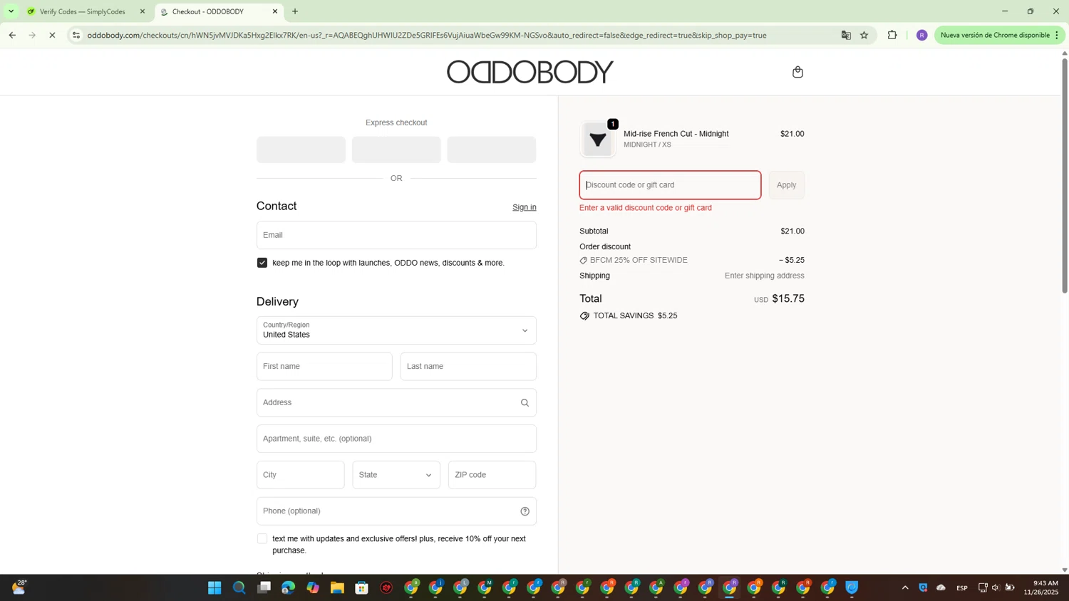OddoBody discount code screenshot showing code Hellosms10 applied at OddoBody checkout page. Uploaded by SimplyCodes community member CouponBoss4754 on Nov 26, 2025