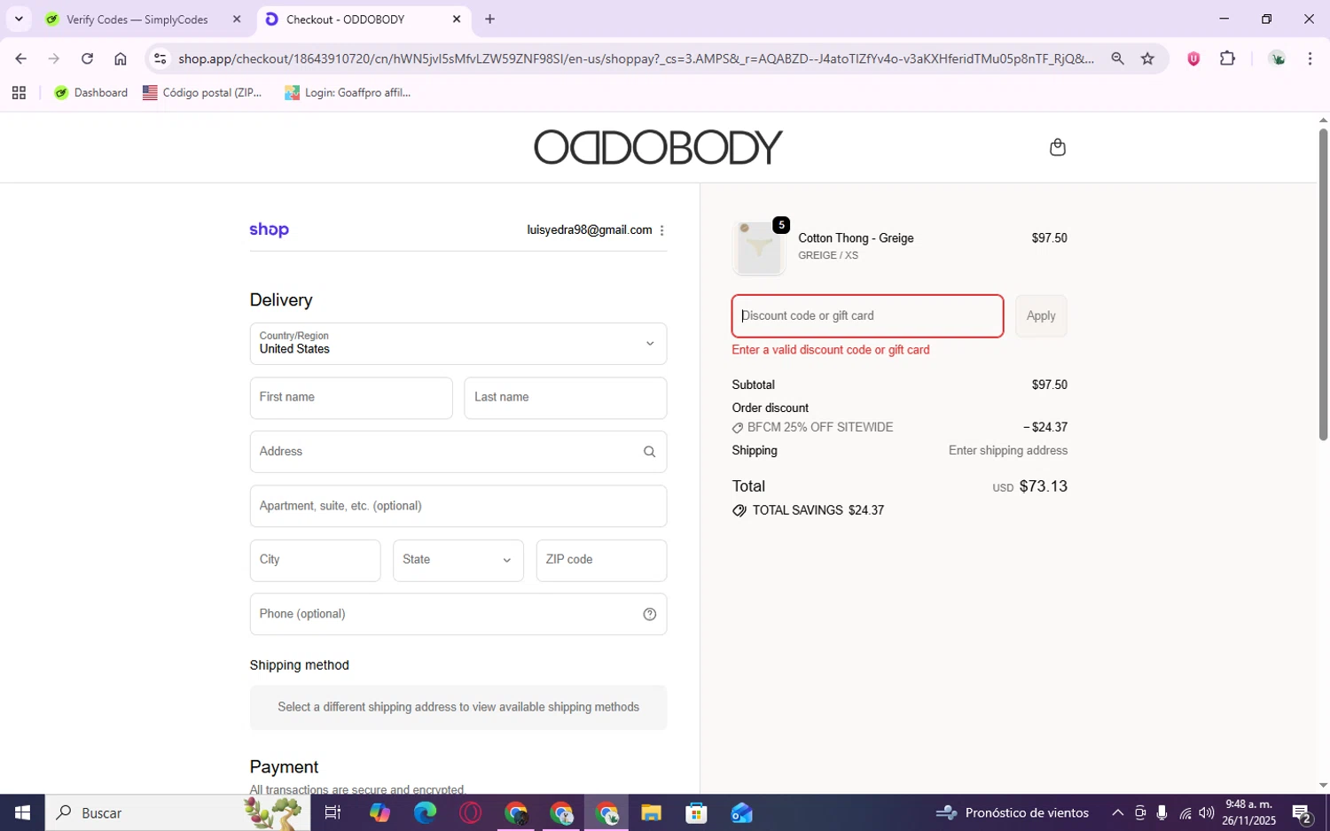 OddoBody discount code screenshot showing code Cap15 applied at OddoBody checkout page. Uploaded by SimplyCodes community member Zenitsu2002 on Nov 26, 2025