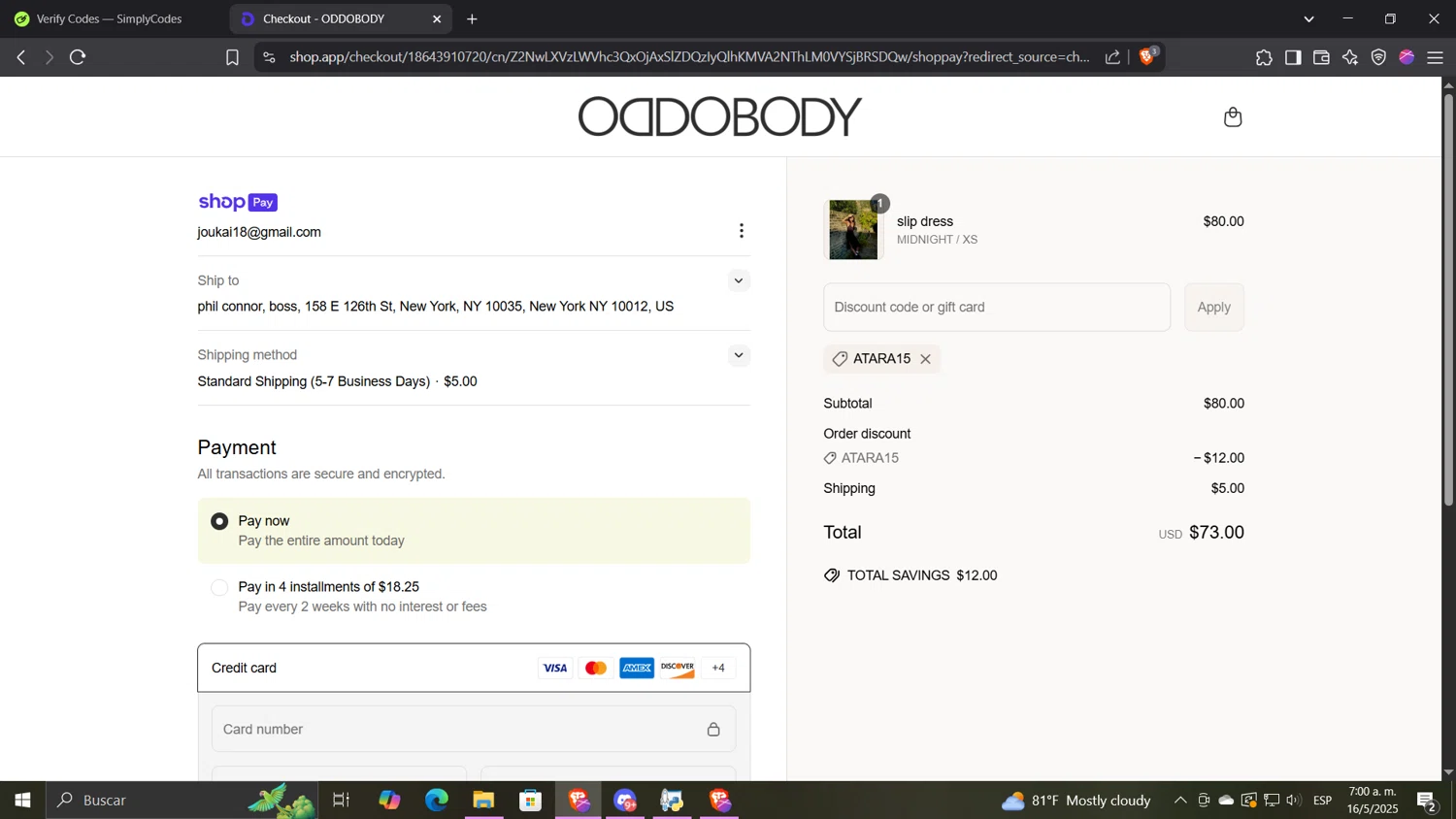 OddoBody discount code screenshot showing code ATARA15 applied at OddoBody checkout page. Uploaded by SimplyCodes community member CocuydePenca on May 16, 2025