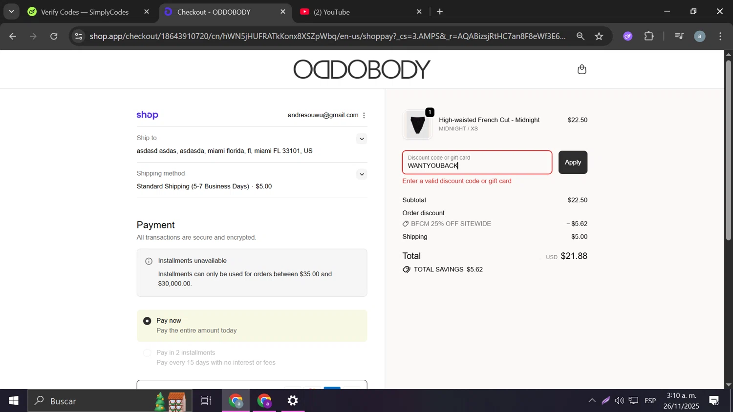 OddoBody discount code screenshot showing code WANTYOUBACK applied at OddoBody checkout page. Uploaded by SimplyCodes community member Frizk_1 on Nov 26, 2025