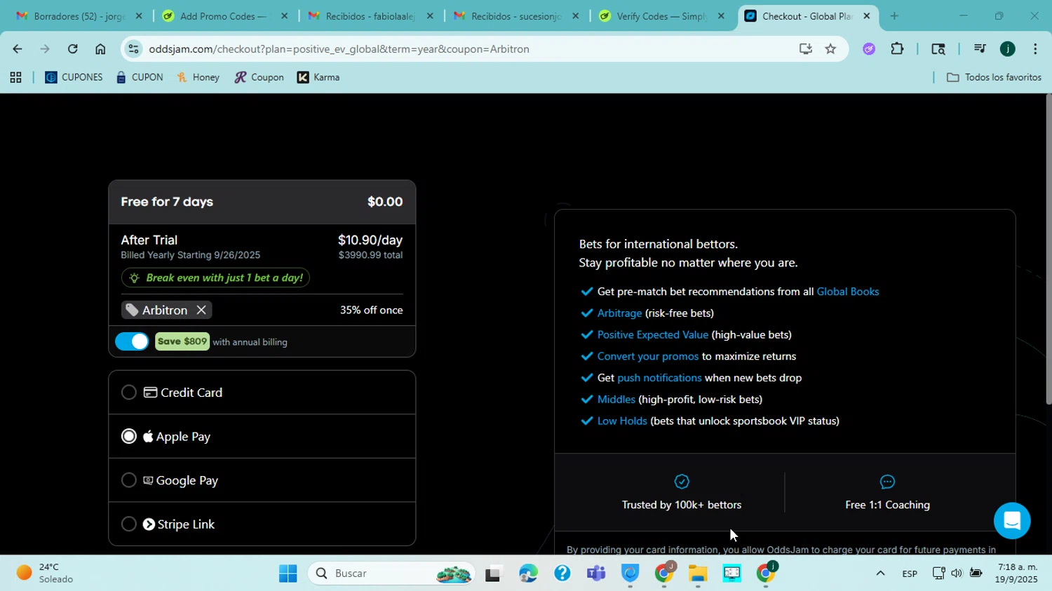 OddsJam promo code screenshot showing code Arbitron applied at OddsJam checkout page. Uploaded by SimplyCodes community member ABHF23 on Sep 19, 2025