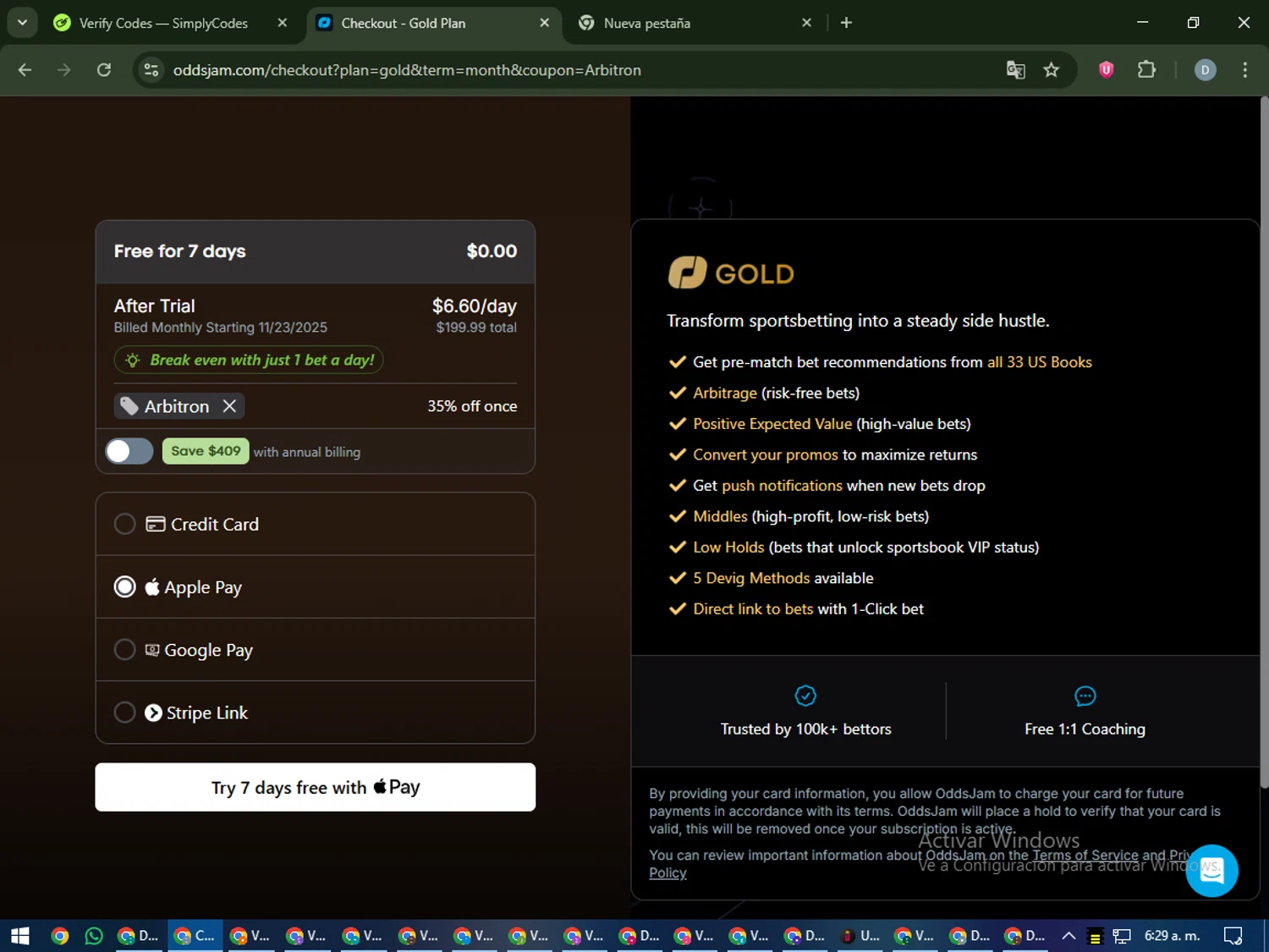 OddsJam promo code screenshot showing code Arbitron applied at OddsJam checkout page. Uploaded by SimplyCodes community member CleverCurator2558 on Nov 16, 2025