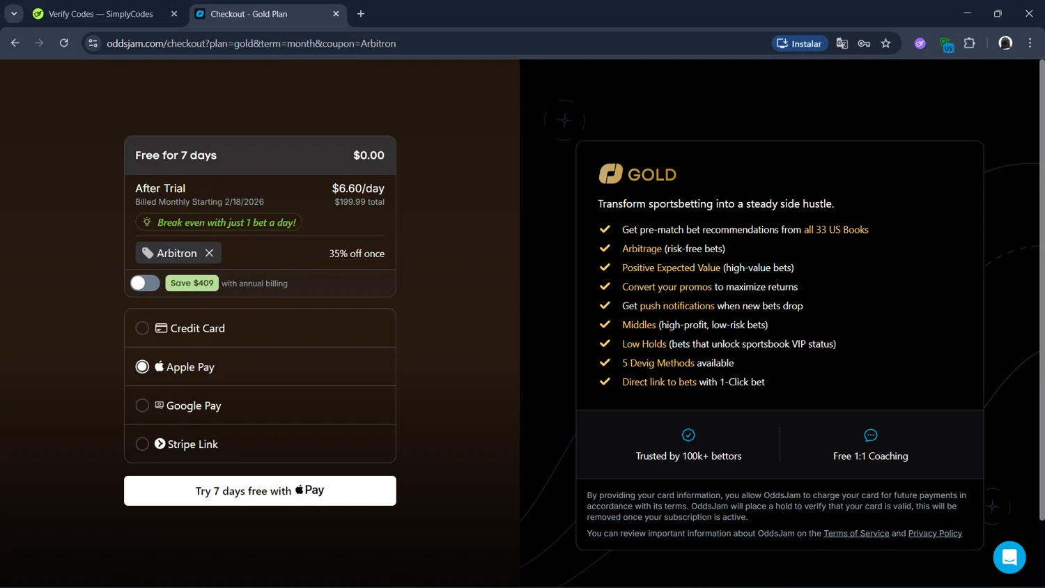 OddsJam checkout page showing OddsJam promo code box | Screenshot taken by SimplyCodes community member on Feb 11, 2026