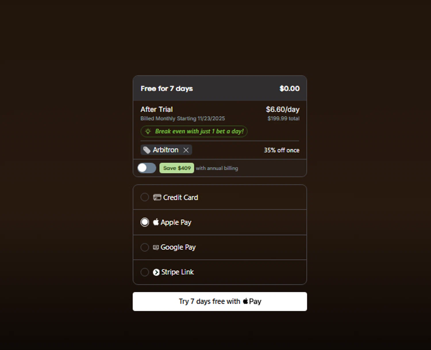 OddsJam promo code screenshot showing code Arbitron applied at OddsJam checkout page. Uploaded by SimplyCodes community member Toundjiale on Nov 16, 2025