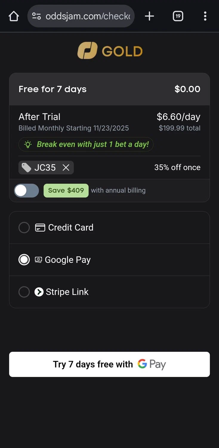 OddsJam promo code screenshot showing code JC35 applied at OddsJam checkout page. Uploaded by SimplyCodes community member CleverLynx5188 on Nov 16, 2025