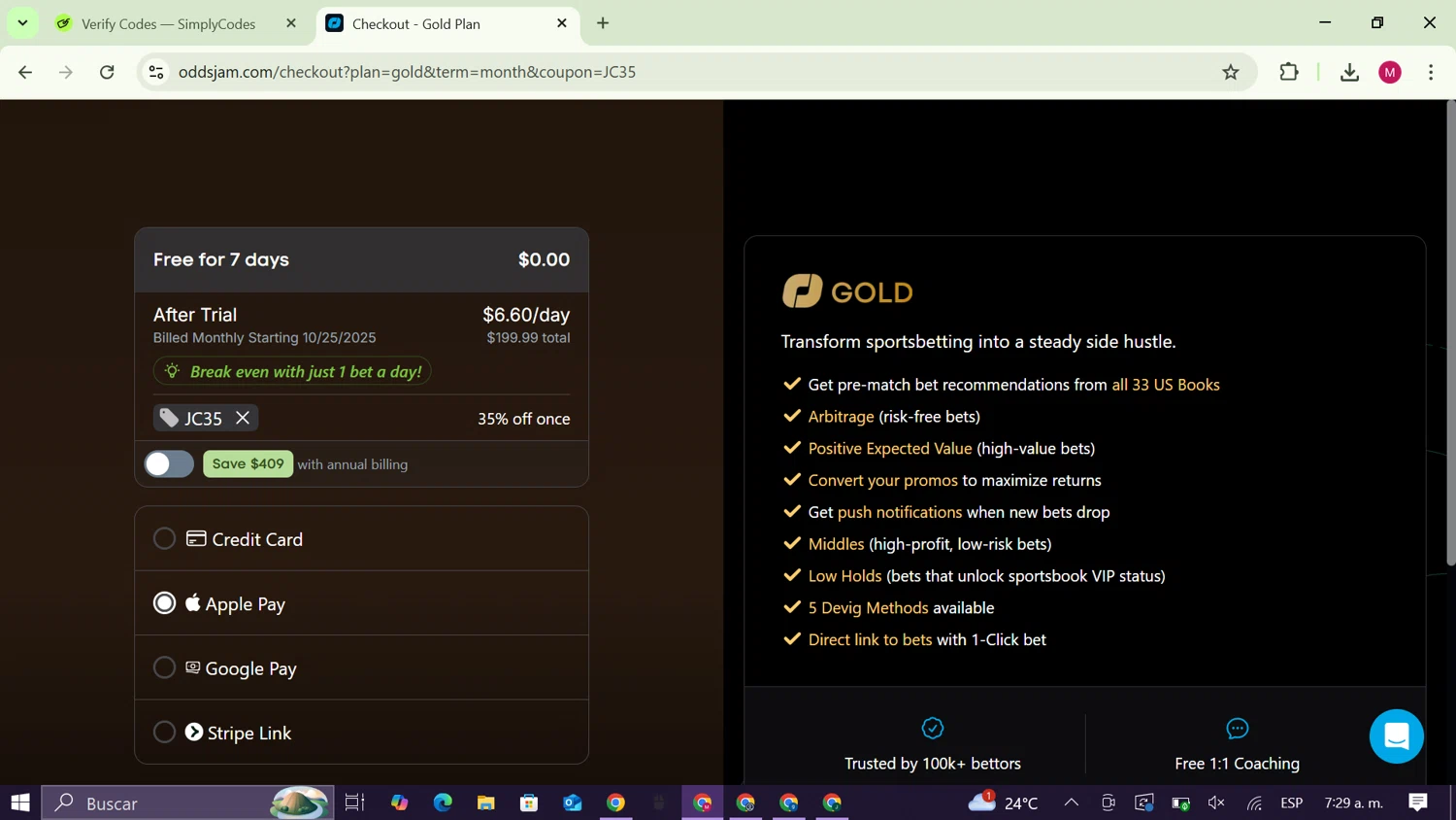 OddsJam promo code screenshot showing code JC35 applied at OddsJam checkout page. Uploaded by SimplyCodes community member CouponAce9216 on Oct 18, 2025
