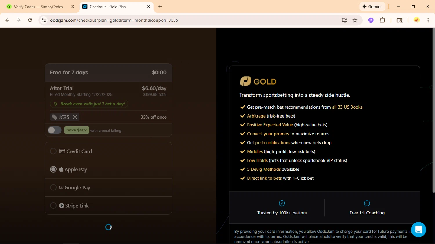 OddsJam promo code screenshot showing code JC35 applied at OddsJam checkout page. Uploaded by SimplyCodes community member Ranita_de_agua on Dec 15, 2025