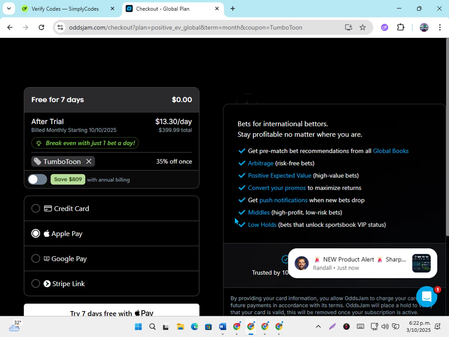 OddsJam promo code screenshot showing code TumboToon applied at OddsJam checkout page. Uploaded by SimplyCodes community member DiscountGenius6081 on Oct 3, 2025