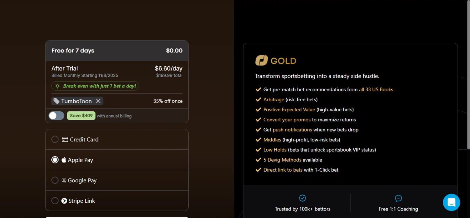 OddsJam promo code screenshot showing code TumboToon applied at OddsJam checkout page. Uploaded by SimplyCodes community member Nubelinda on Nov 1, 2025