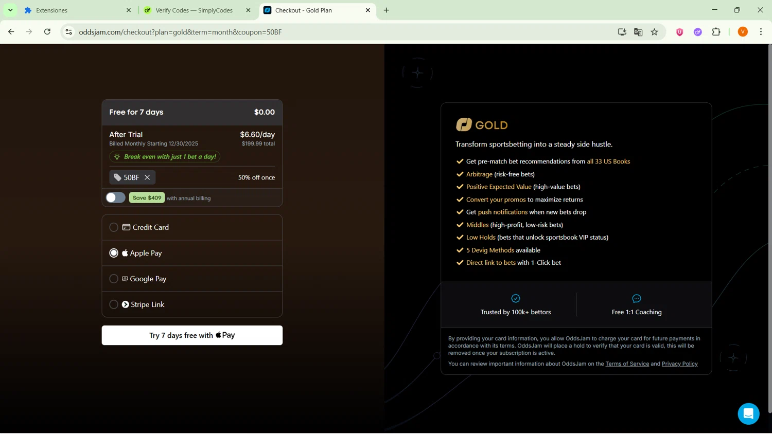 OddsJam promo code screenshot showing code 50BF applied at OddsJam checkout page. Uploaded by SimplyCodes community member SavingsFinder9954 on Dec 23, 2025