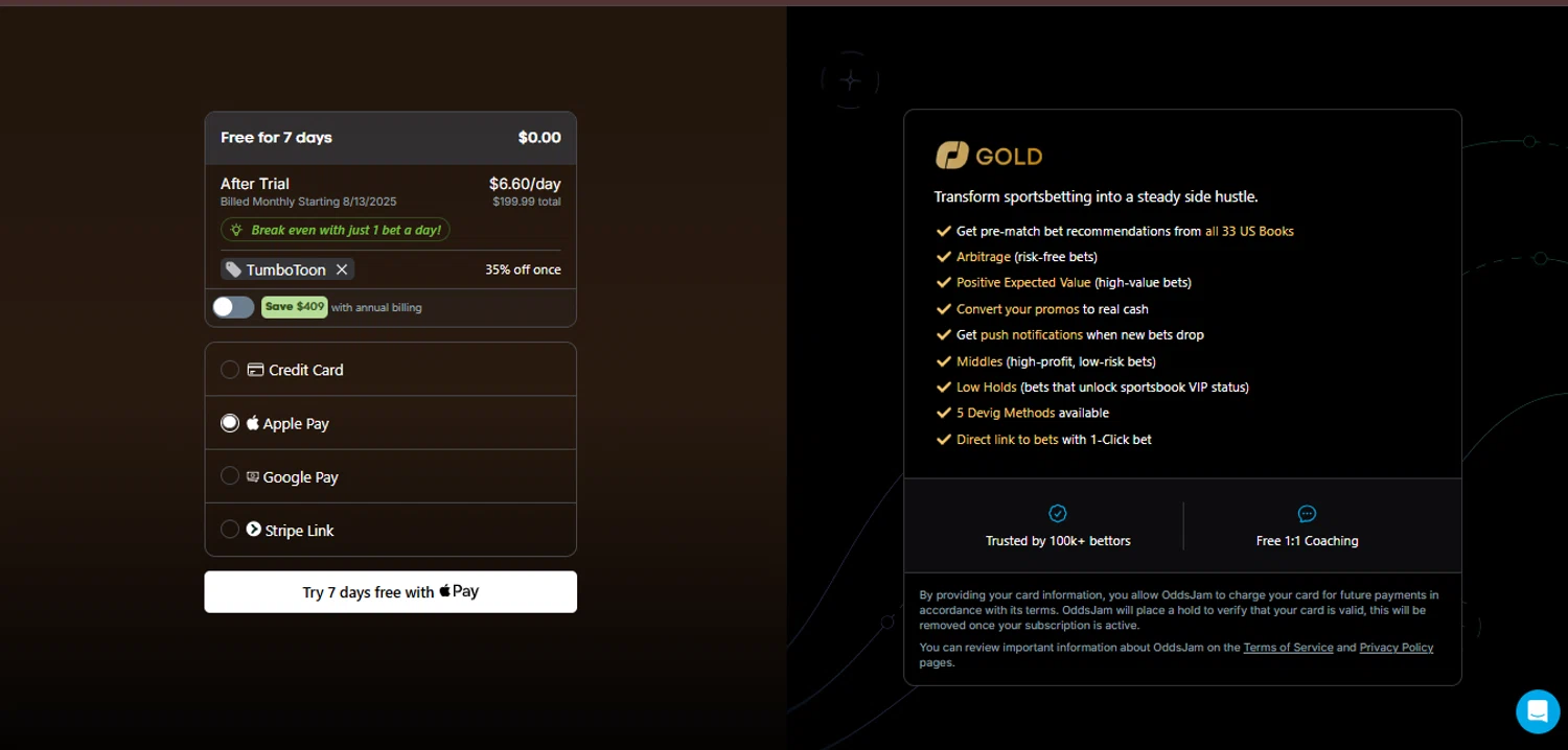 OddsJam promo code screenshot showing code TumboToon applied at OddsJam checkout page. Uploaded by SimplyCodes community member juanisaac on Aug 6, 2025