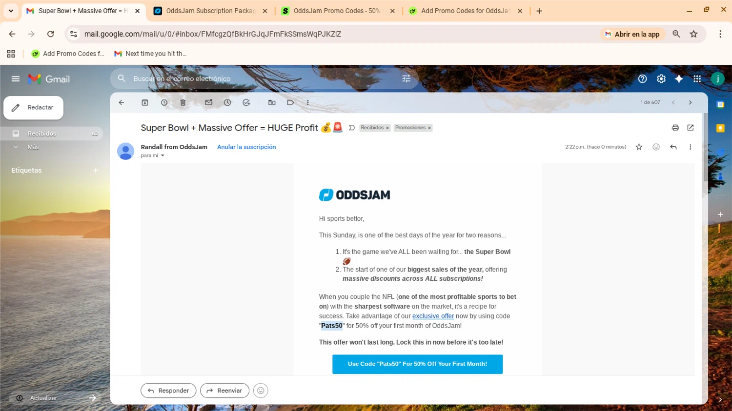 OddsJam promo code screenshot showing code Pats50 applied at OddsJam checkout page. Uploaded by SimplyCodes community member yennifergonzalez on Feb 4, 2026